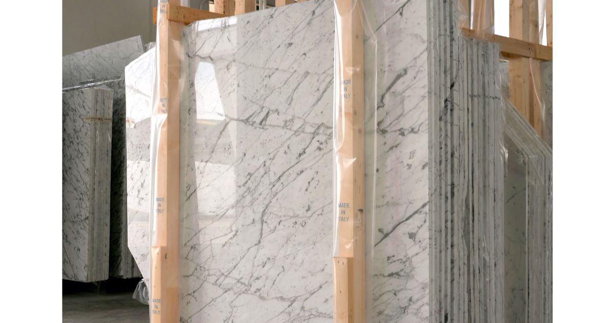 Stacks of marble stone slabs